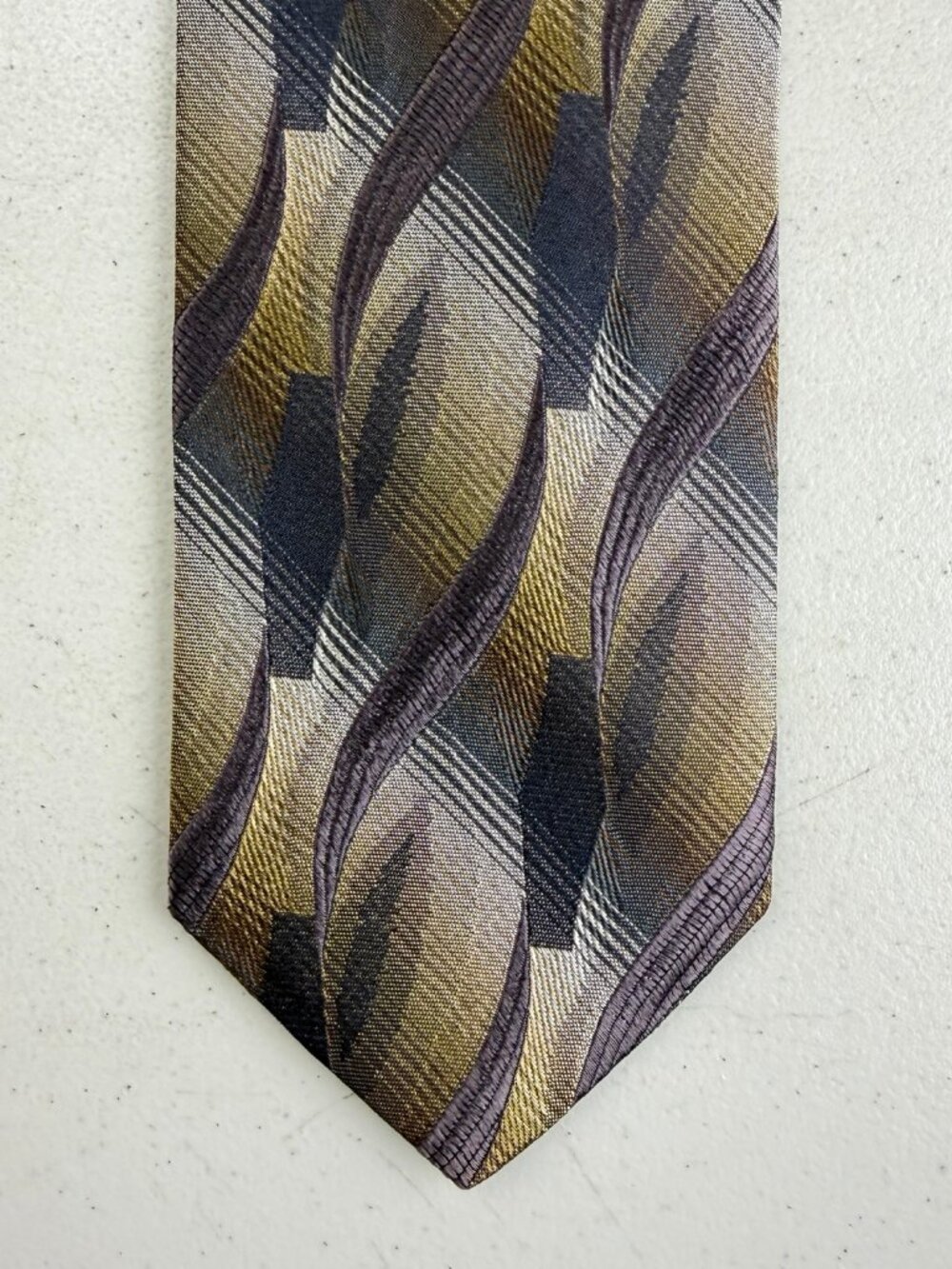 Vintage Jacquard Silk Tie Made in Italy 90s Olive Green/Silver Abstract Necktie